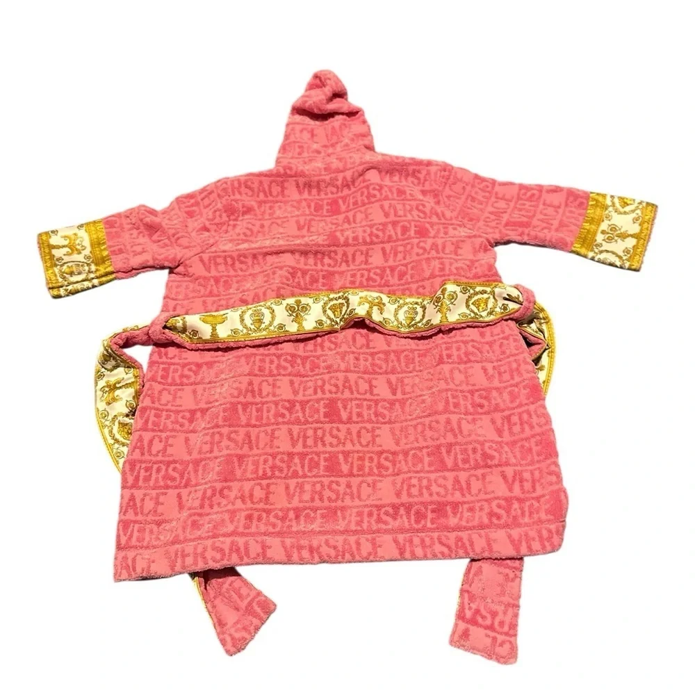 Versace Kids Coral Hooded Pajama Robe with Gold Baroque Trim, pre-owned